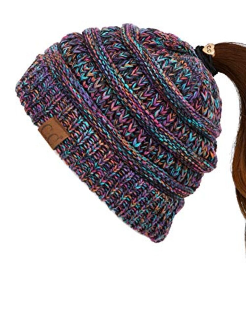 Exclusives Soft Stretch Cable Knit Messy Bun Ponytail Beanie Winter Hat